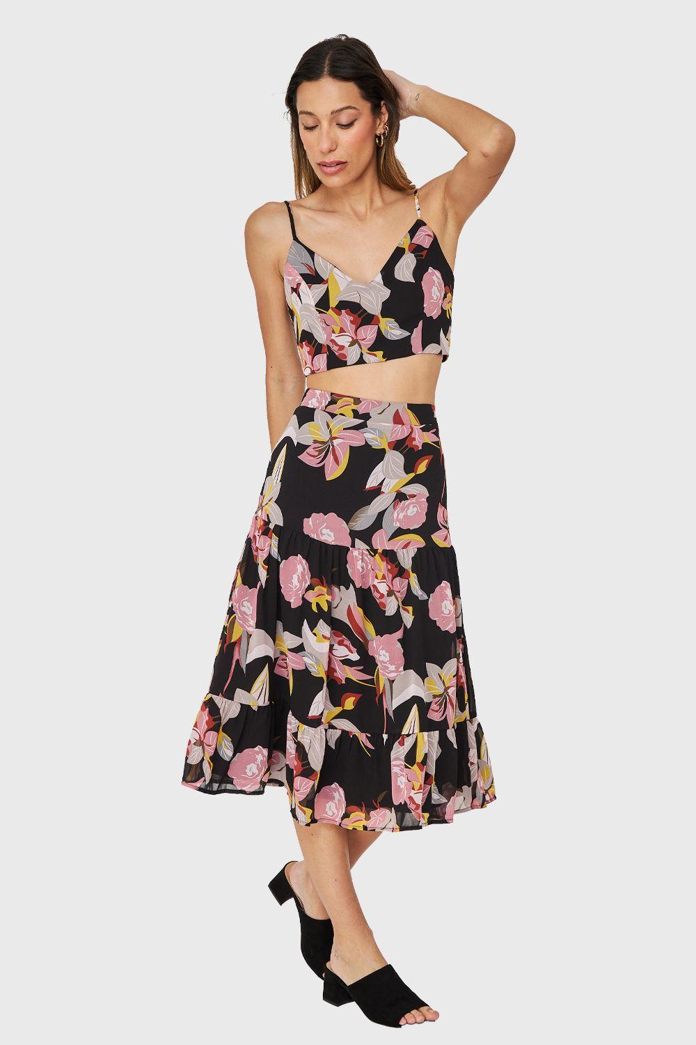 Falda Larga Floral Volantes Negro Nicopoly-1