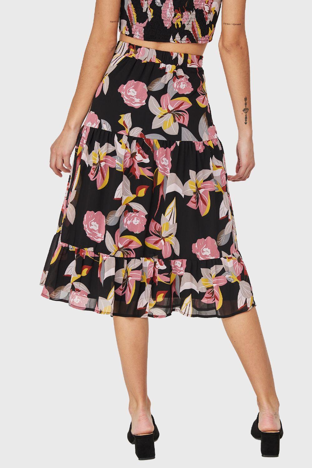 Falda Larga Floral Volantes Negro Nicopoly-3