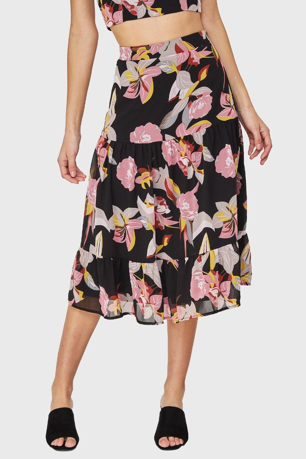 Falda Larga Floral Volantes Negro Nicopoly-4