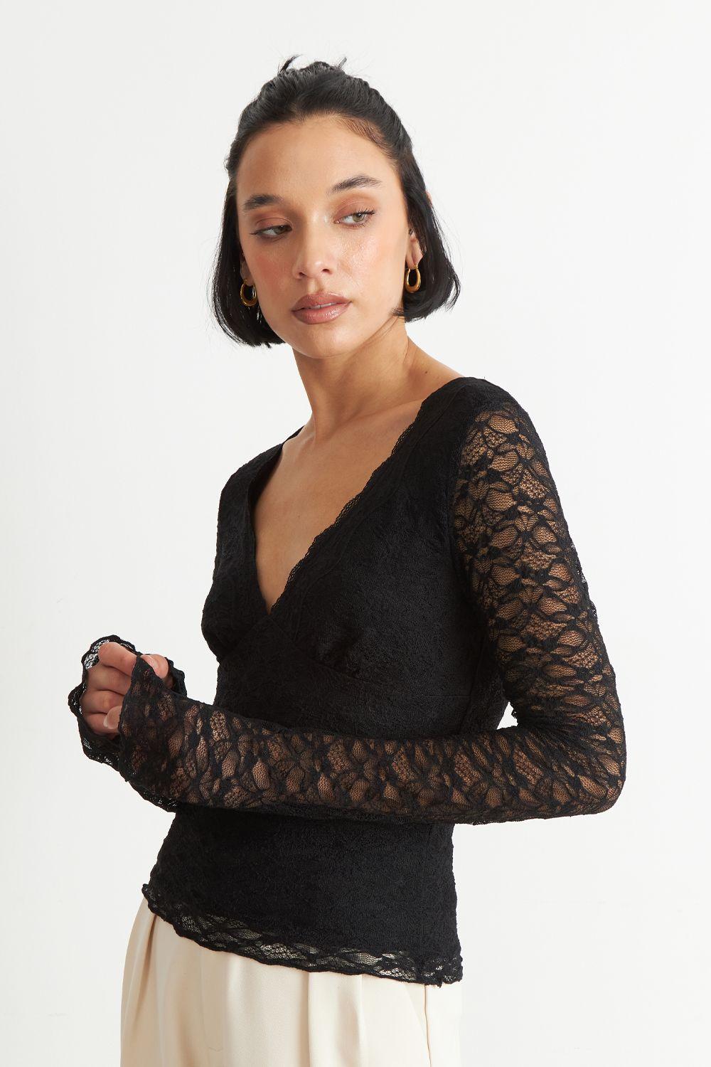 Polera Encaje Manga Larga Negro Nicopoly-2