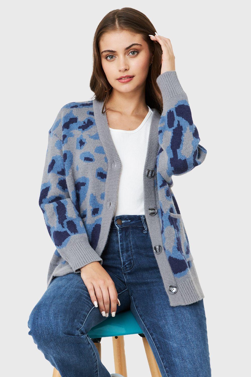 Cárdigan Botones Animal Print Celeste Nicopoly-0