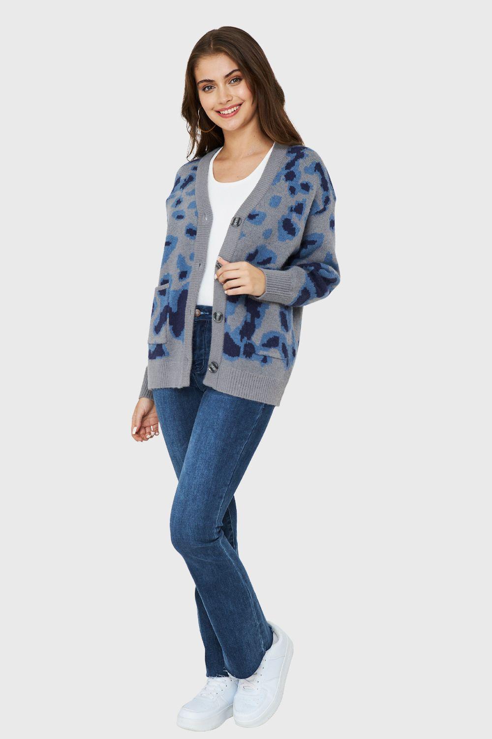 Cárdigan Botones Animal Print Celeste Nicopoly-1