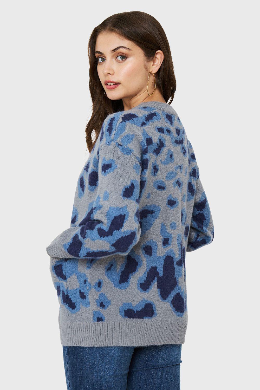 Cárdigan Botones Animal Print Celeste Nicopoly-3