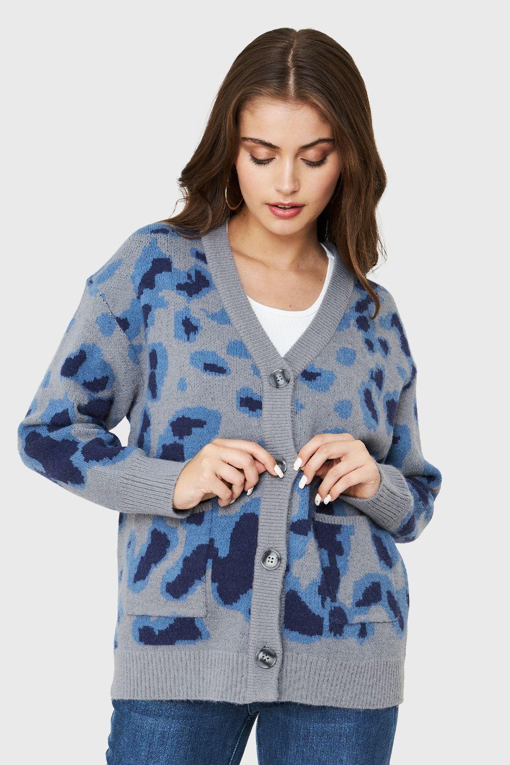 Cárdigan Botones Animal Print Celeste Nicopoly-4