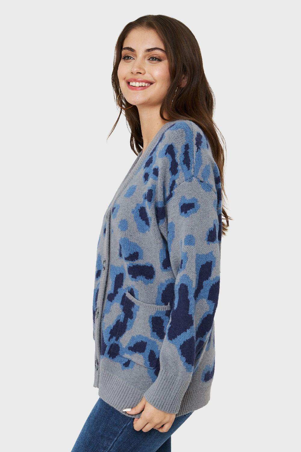 Cárdigan Botones Animal Print Celeste Nicopoly-2