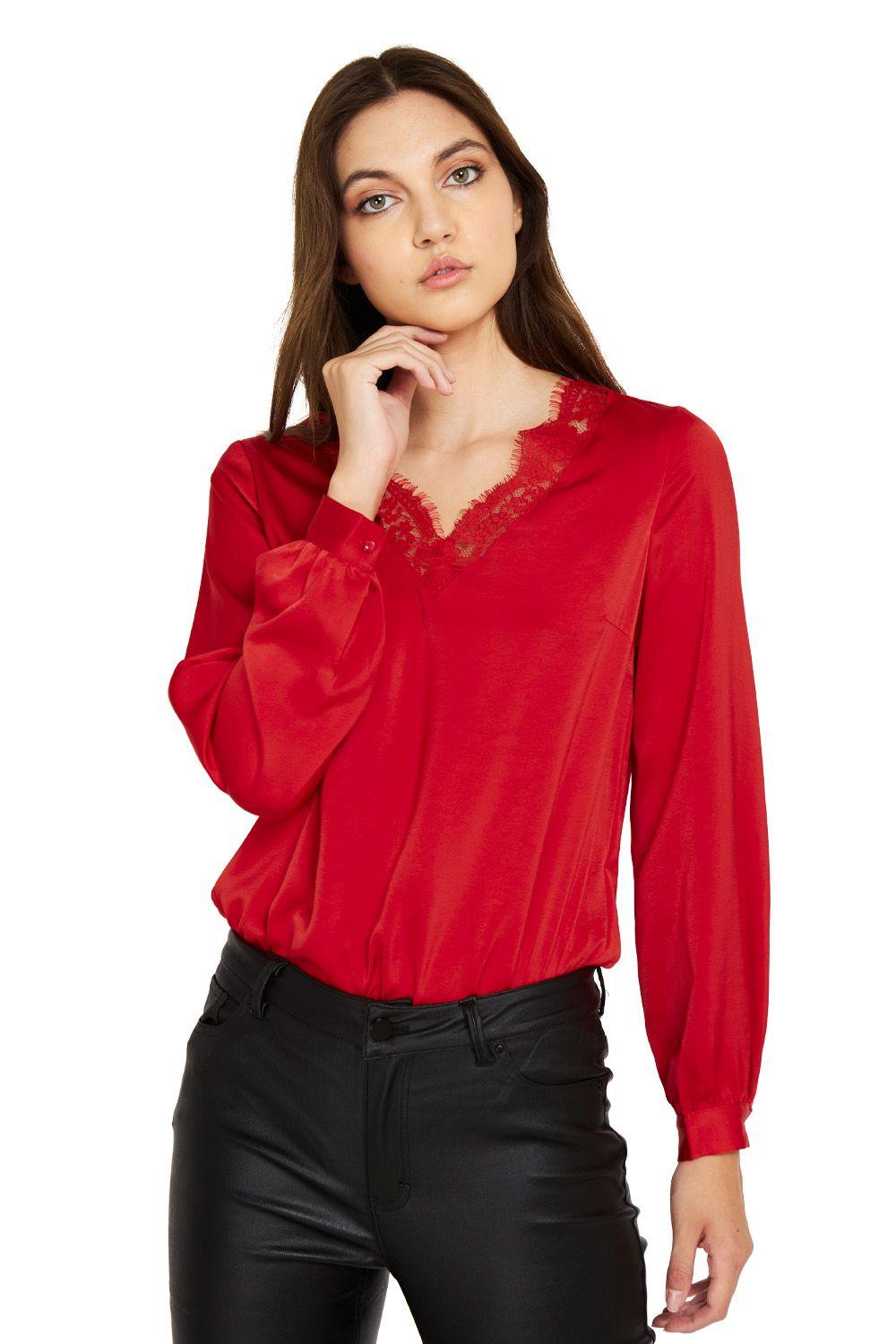 Body Escote V Encaje Rojo Nicopoly-0