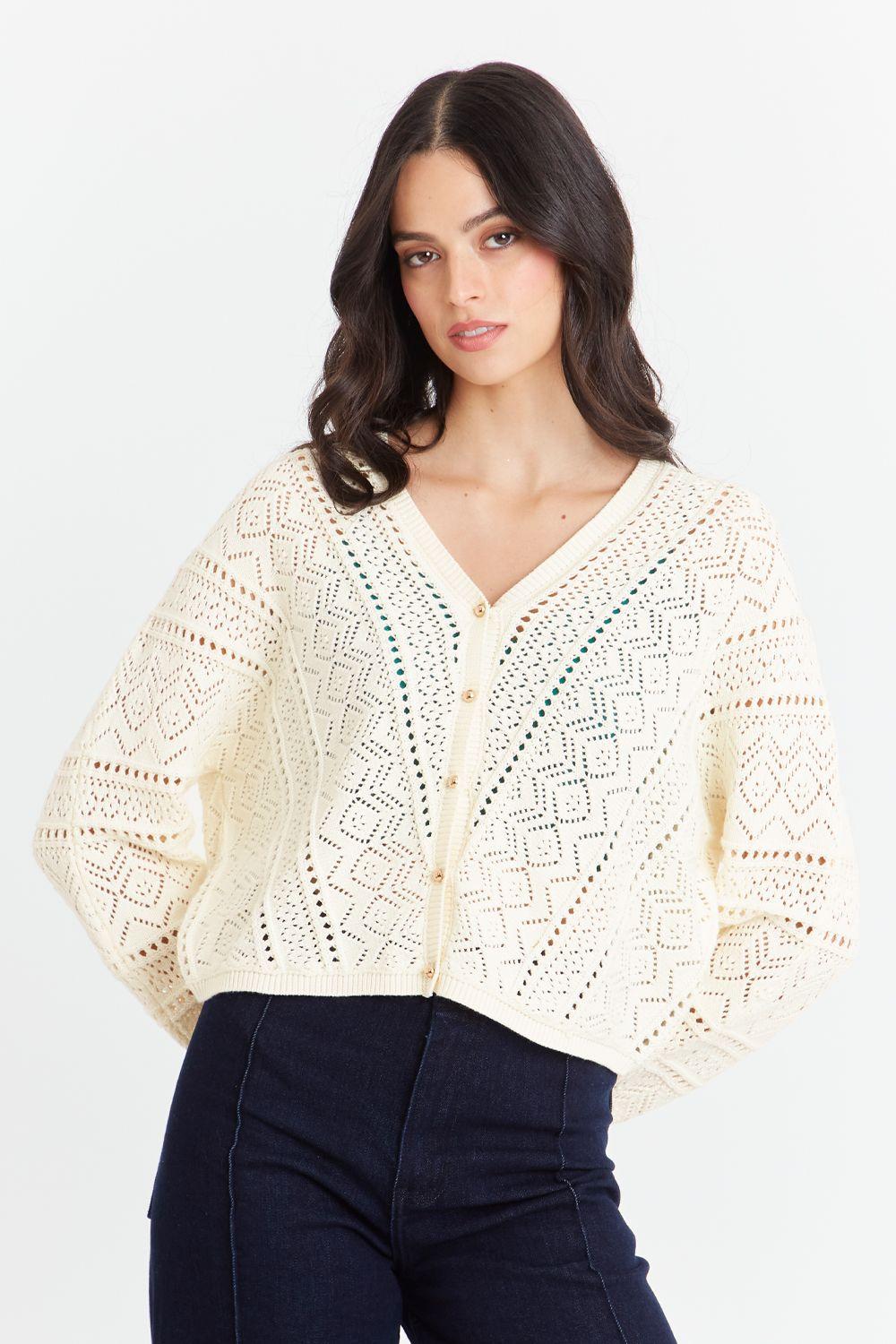 Cárdigan Tipo Crochet Botones Dorados Beige Nicopoly-0