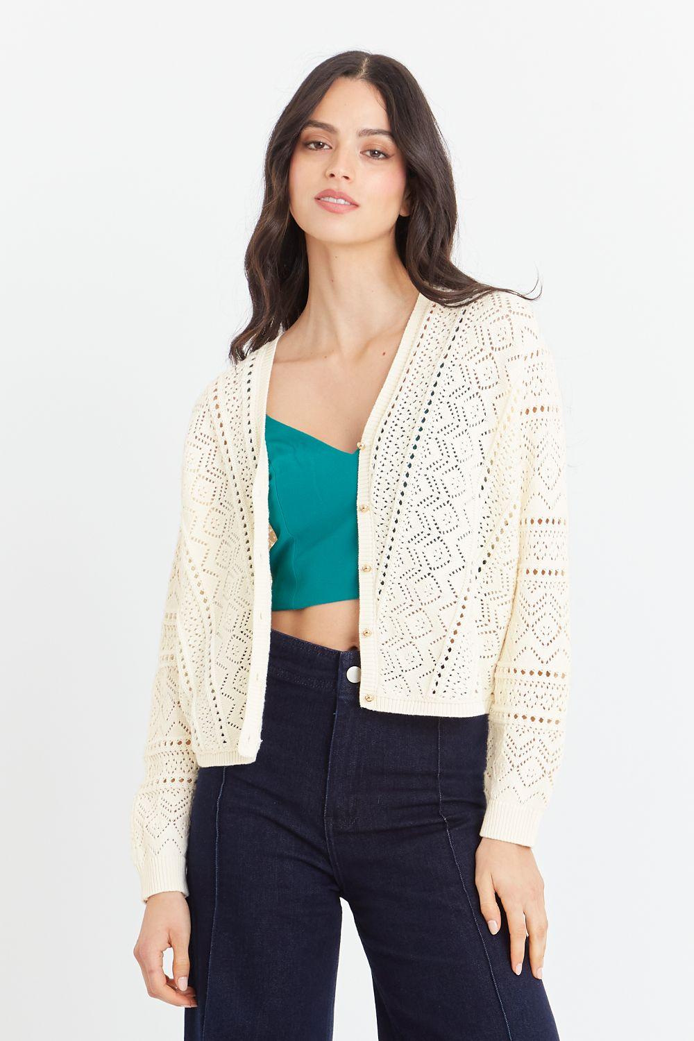 Cárdigan Tipo Crochet Botones Dorados Beige Nicopoly-4