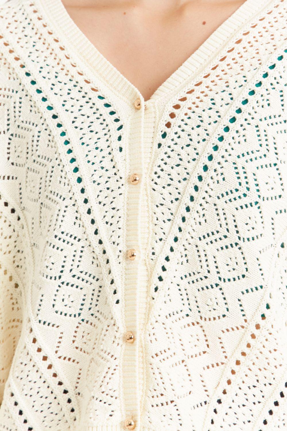 Cárdigan Tipo Crochet Botones Dorados Beige Nicopoly-5