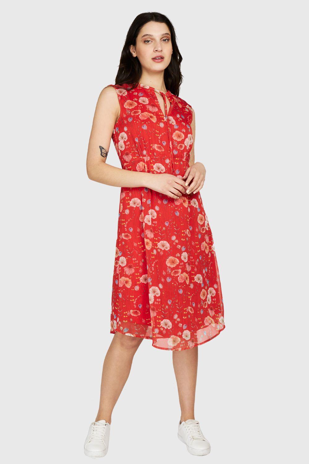Vestido Amapolas Cuello Mao Rojo Nicopoly-1