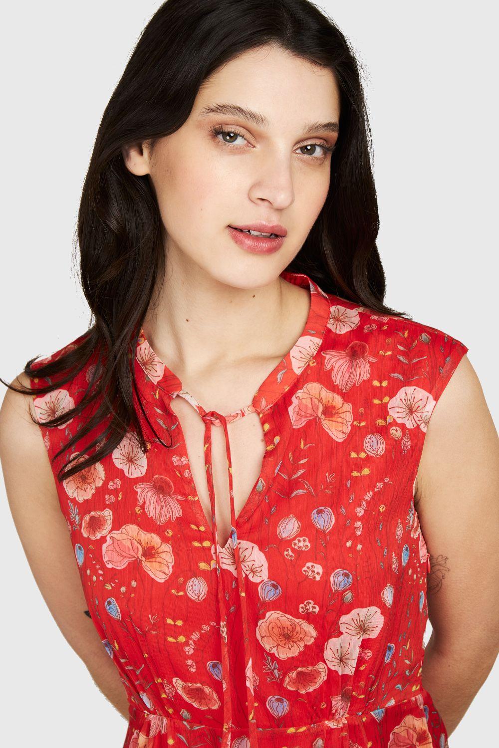 Vestido Amapolas Cuello Mao Rojo Nicopoly-4