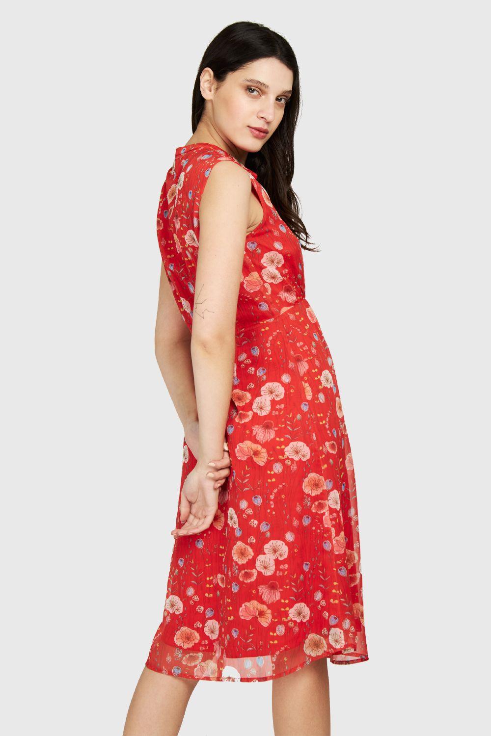Vestido Amapolas Cuello Mao Rojo Nicopoly-2