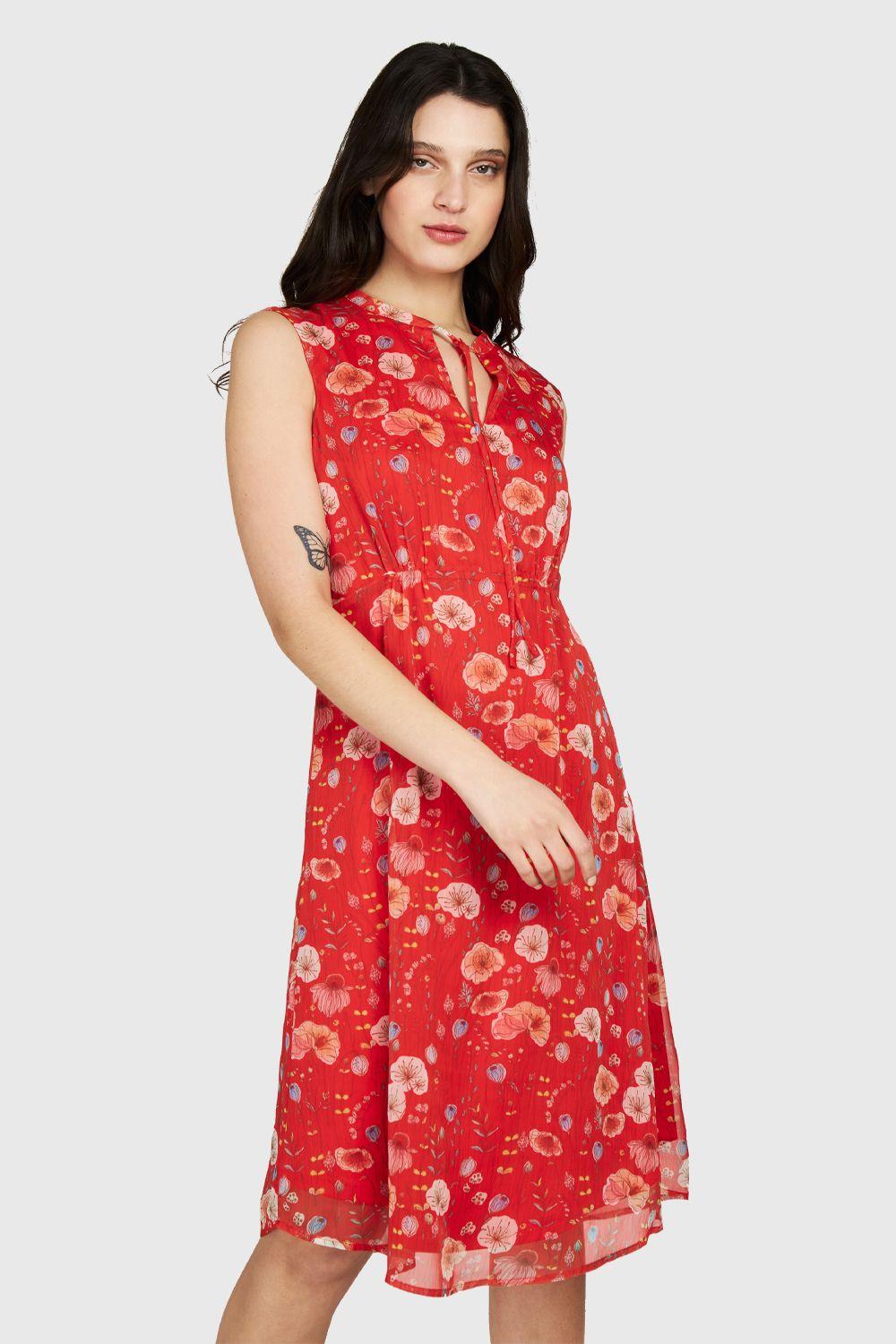 Vestido Amapolas Cuello Mao Rojo Nicopoly-0