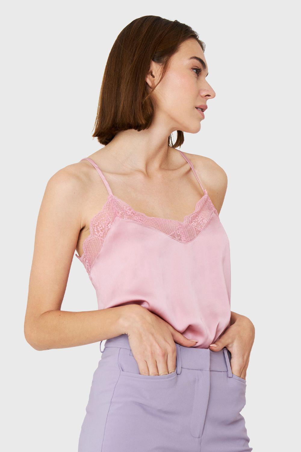 Top Tipo Satín Escote Encaje Rosado Nicopoly-2