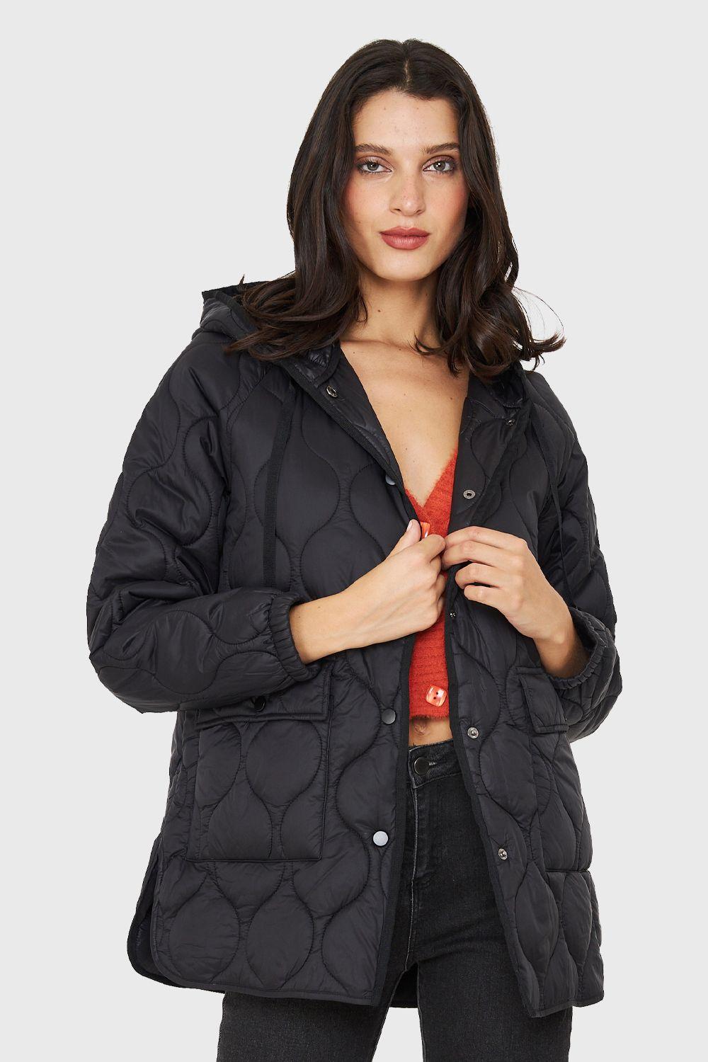 Parka Midi Tipo Quilt Bolsillos Negro Nicopoly-4