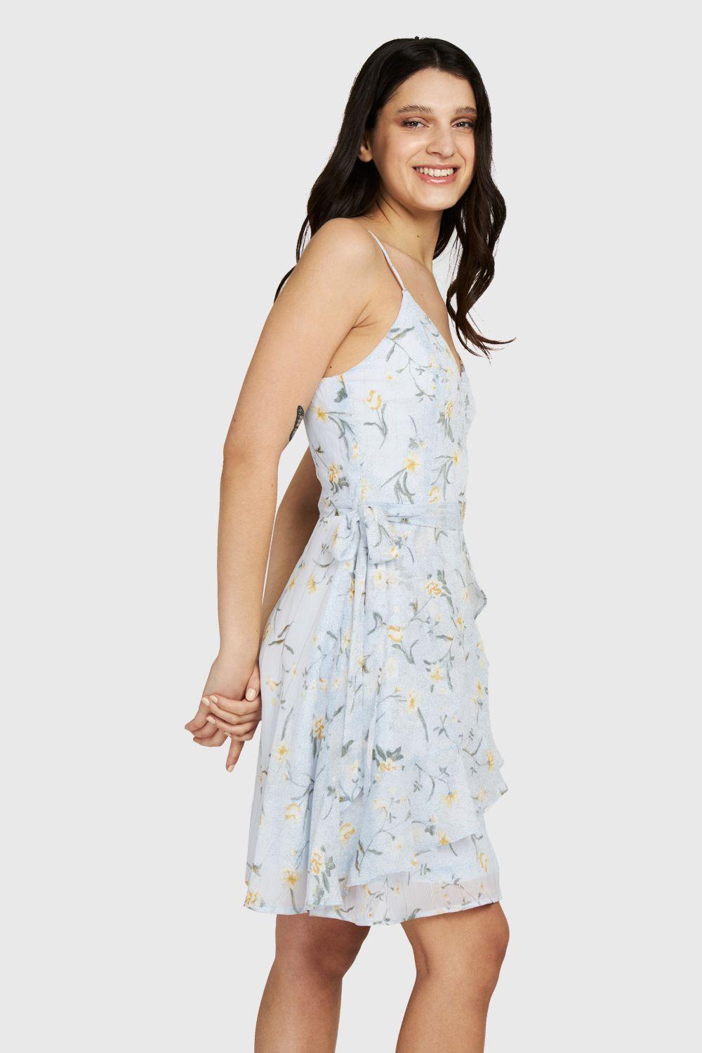 Vestido Corto Floral Vuelos Celeste Nicopoly.-2