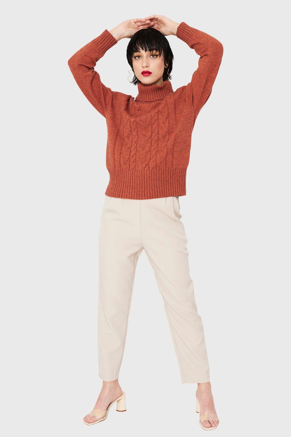 Sweater Cuello Alto Trenzas Naranja Nicopoly-1