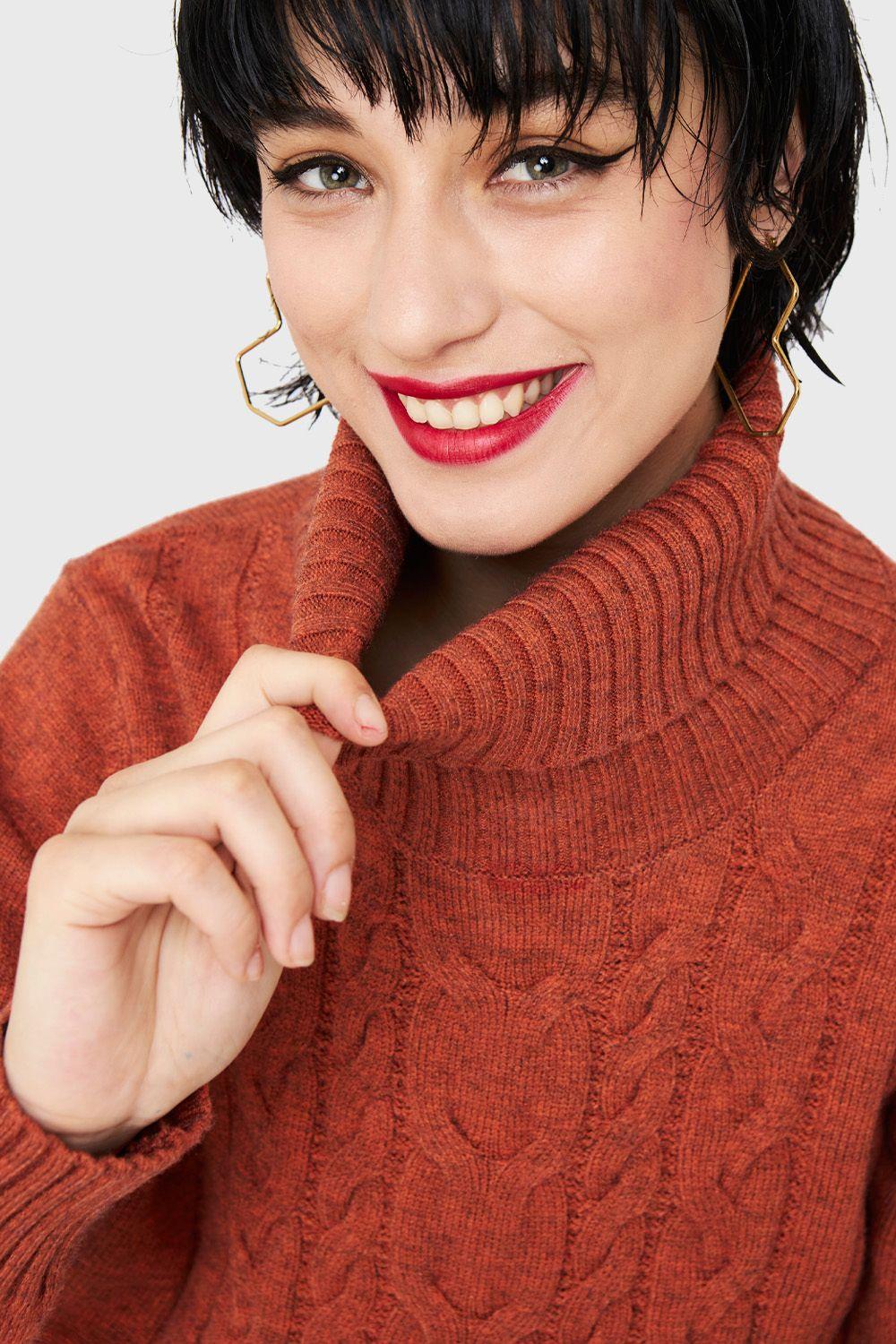 Sweater Cuello Alto Trenzas Naranja Nicopoly-5