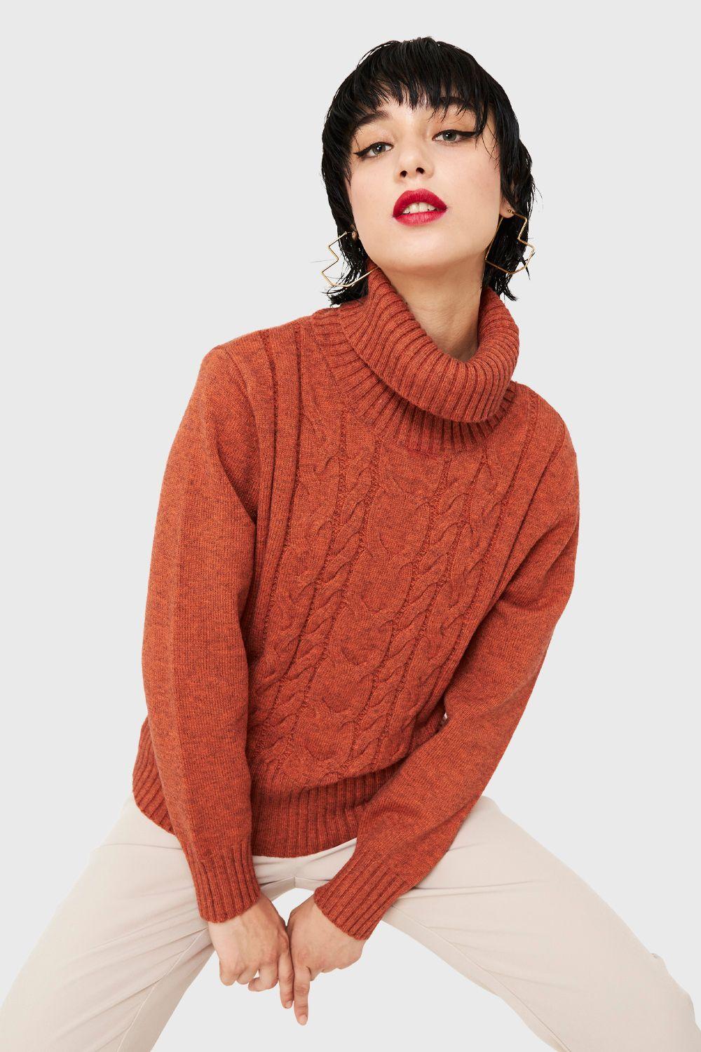 Sweater Cuello Alto Trenzas Naranja Nicopoly-4