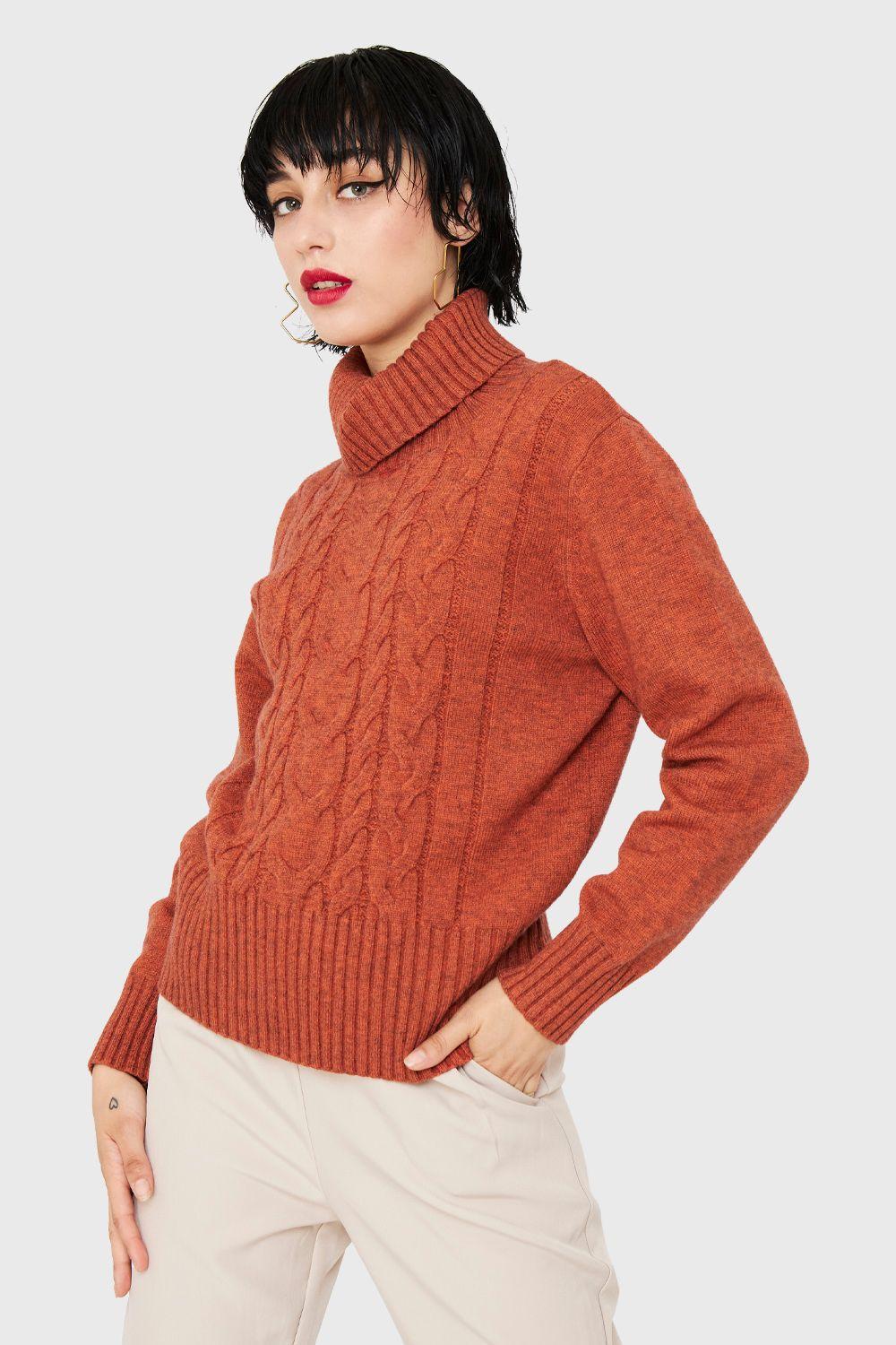 Sweater Cuello Alto Trenzas Naranja Nicopoly-0
