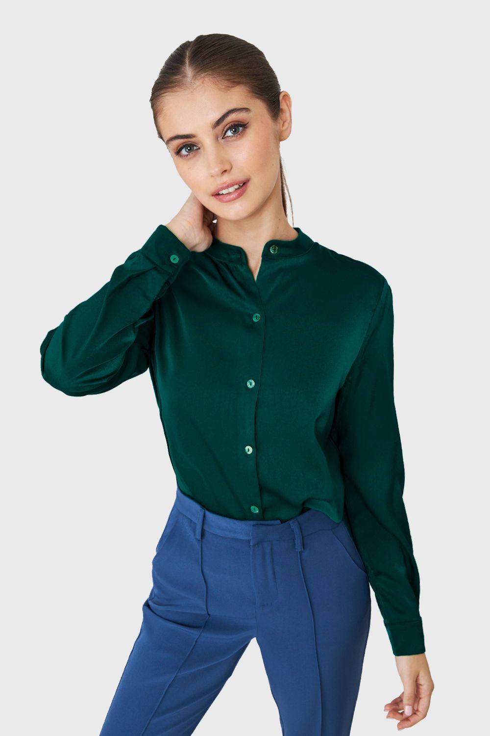 Blusa Cuello Mao Tipo Satín Verde Oscuro Nicopoly-0