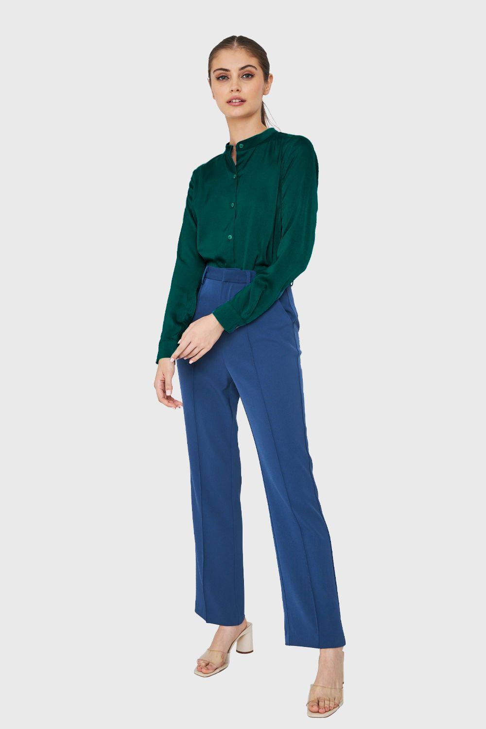 Blusa Cuello Mao Tipo Satín Verde Oscuro Nicopoly-1