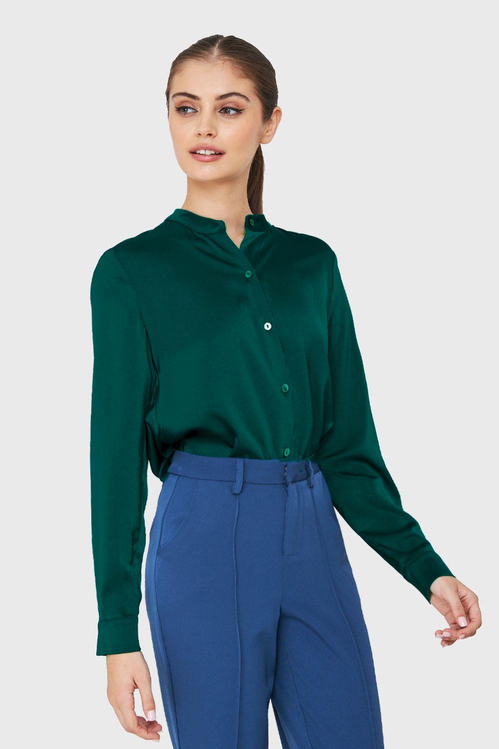 Blusa Cuello Mao Tipo Satín Verde Oscuro Nicopoly-2
