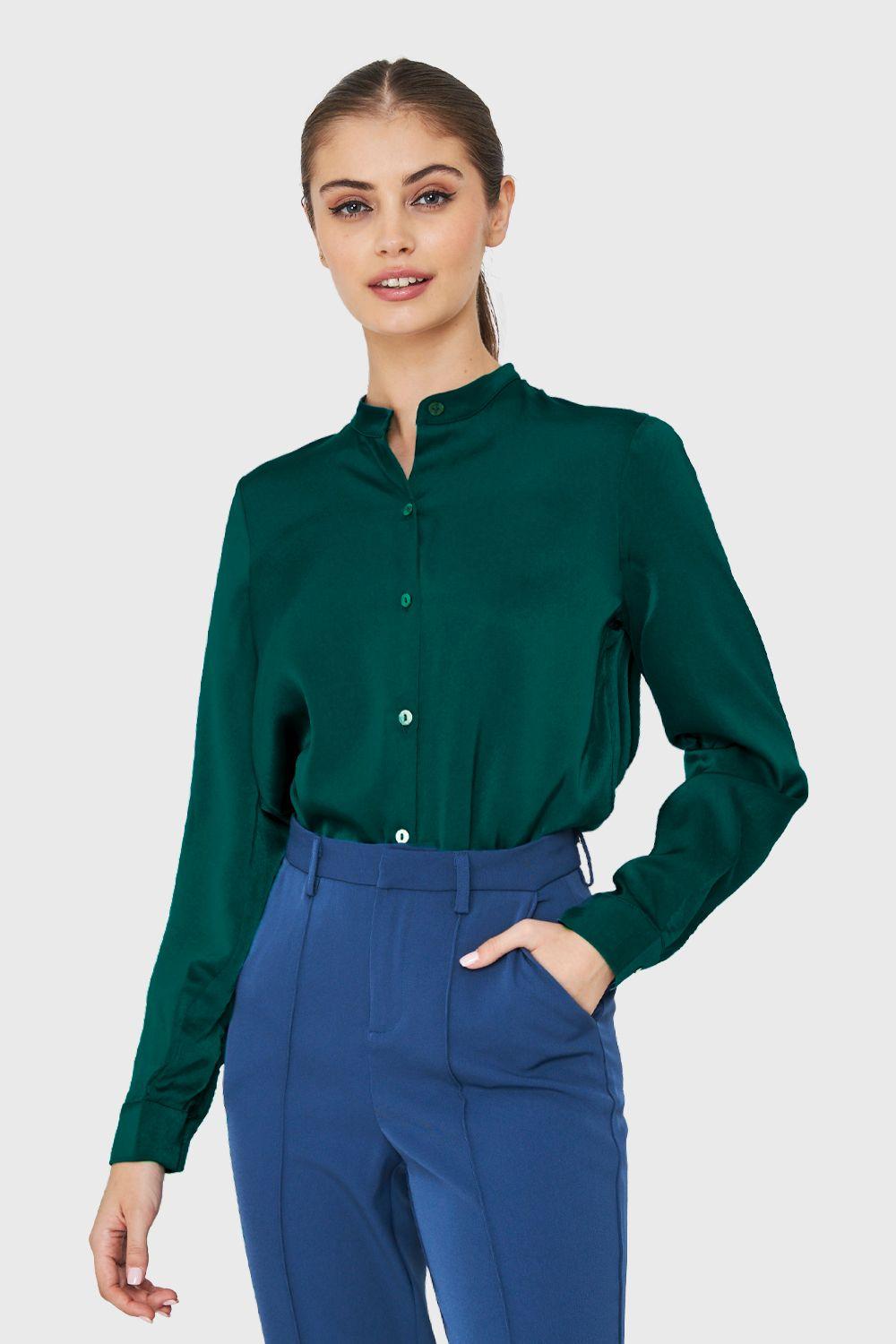 Blusa Cuello Mao Tipo Satín Verde Oscuro Nicopoly-4
