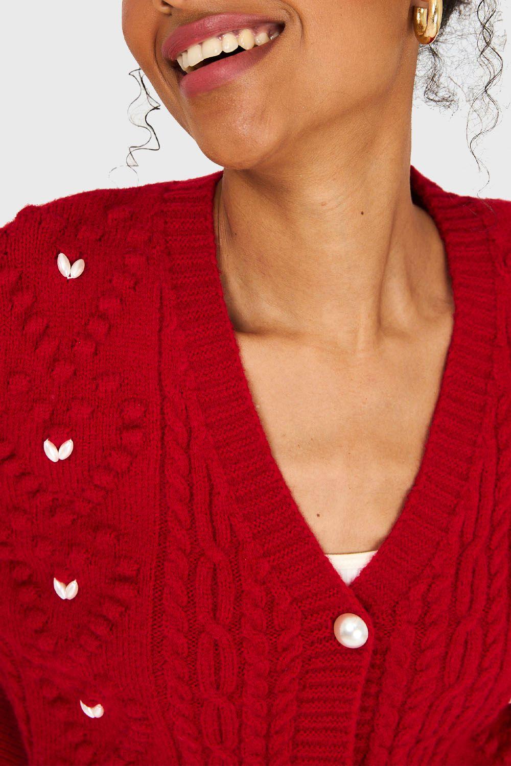 Cárdigan Crop Perlas Rojo Nicopoly-5