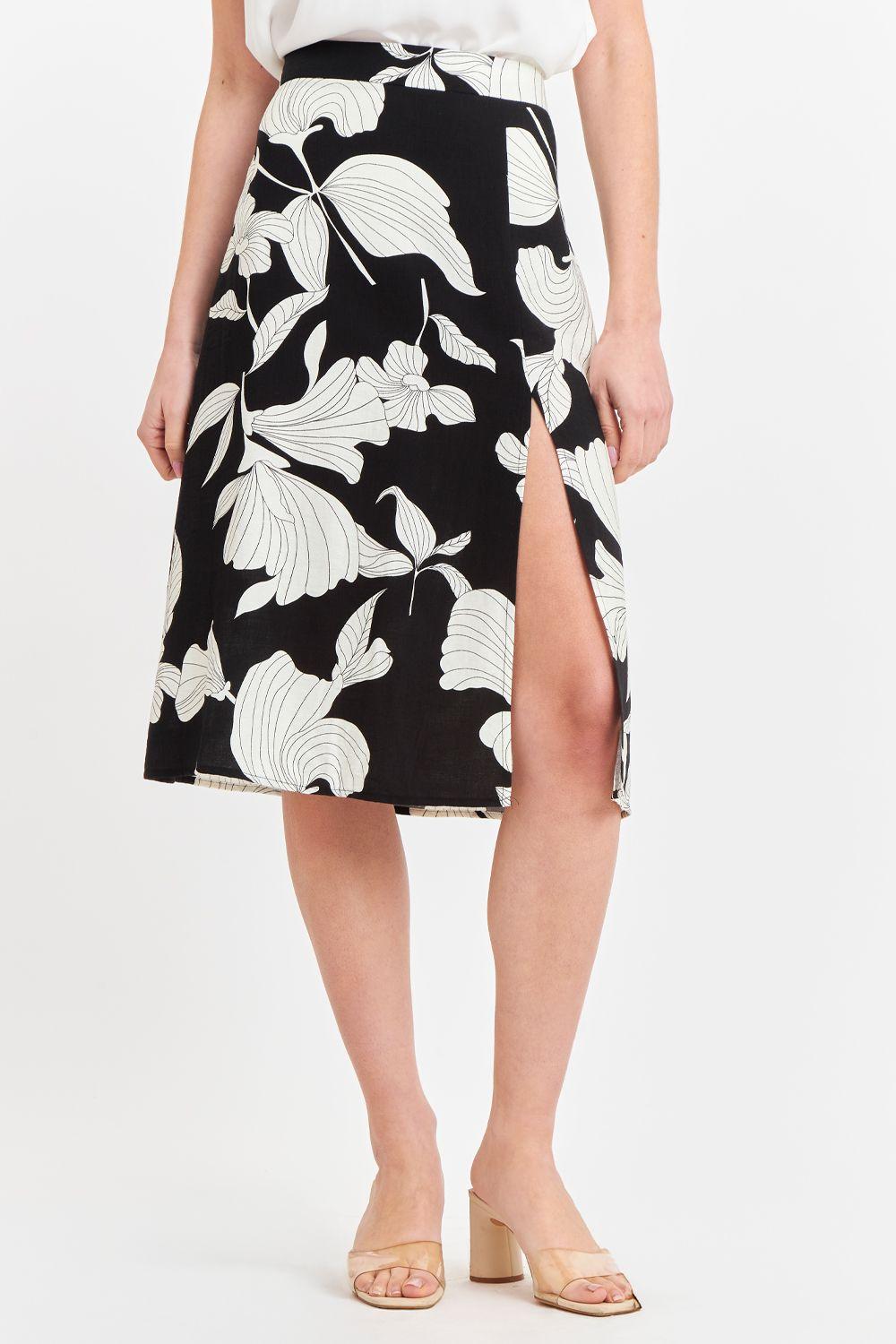 Falda Midi Negra con Flores Blancas Nicopoly-0