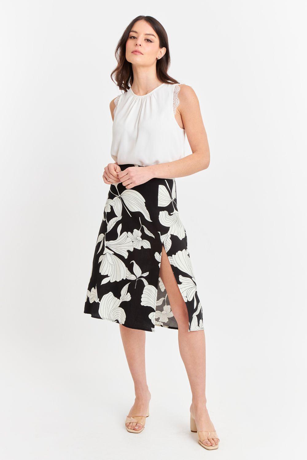 Falda Midi Negra con Flores Blancas Nicopoly-1