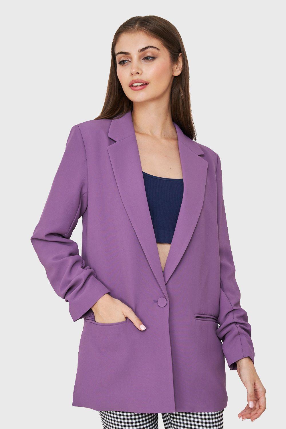 Blazer Largo Manga Drapeada Violeta Nicopoly-0