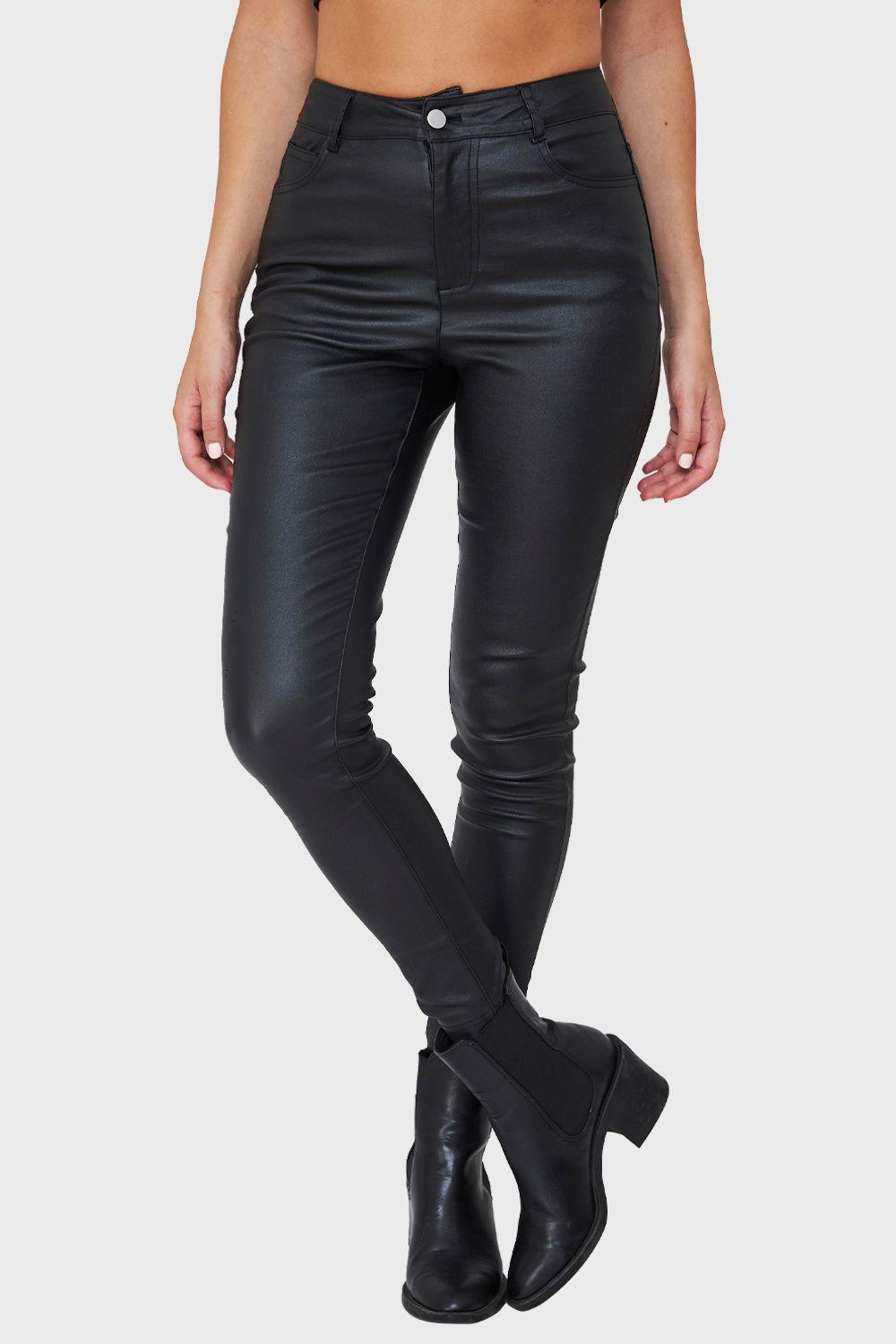 Calza Elasticada Skinny Tipo Encerada Negro Nicopoly-4