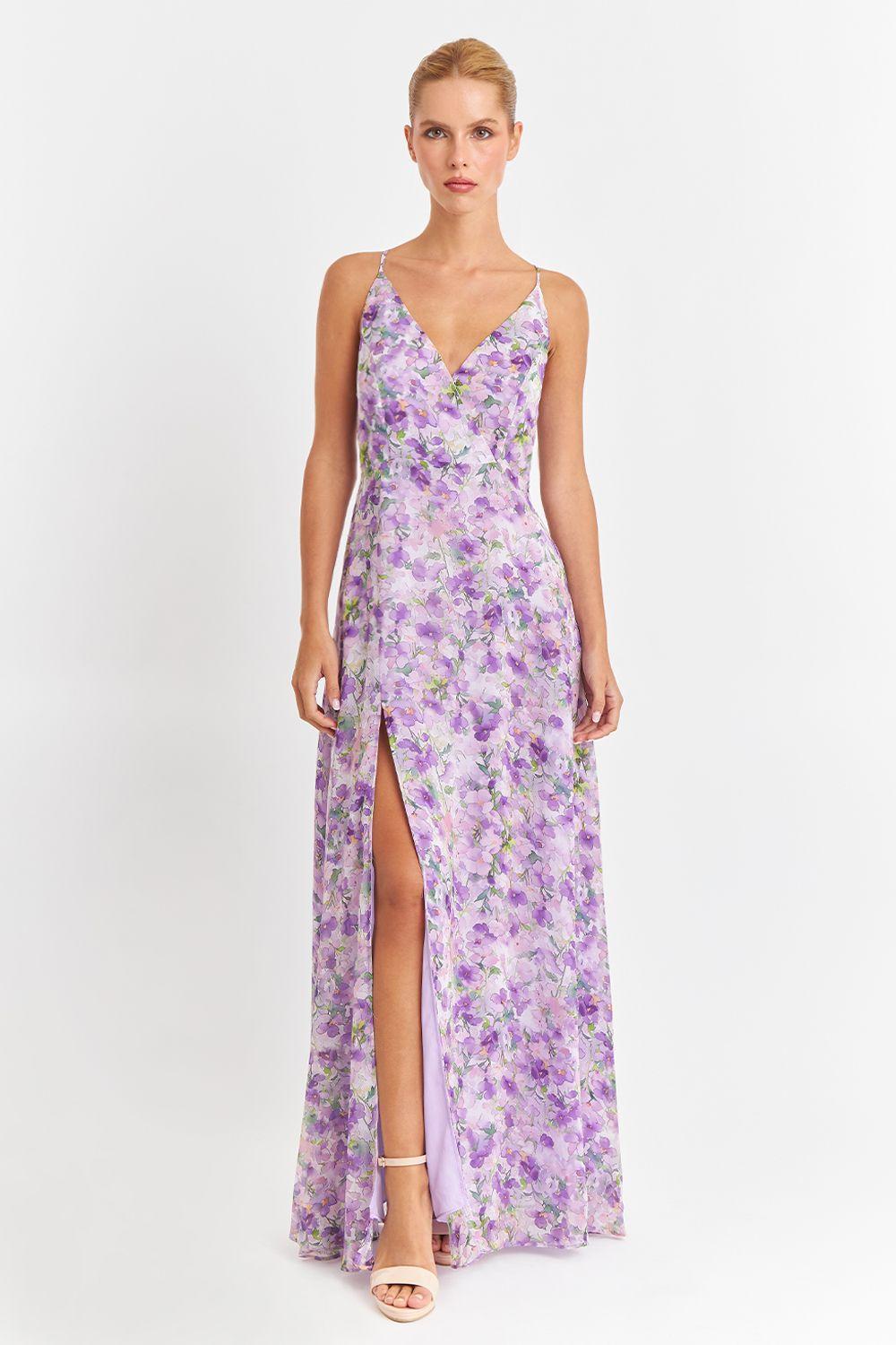 Vestido Largo Floreado Lila Nicopoly-0