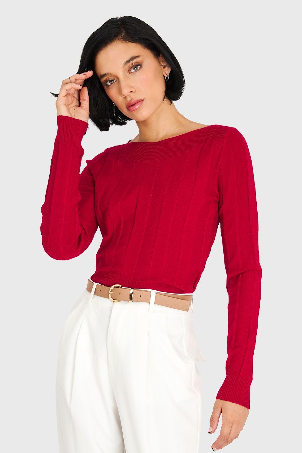Sweater Acanalado Cuello Bote Rojo Nicopoly-4