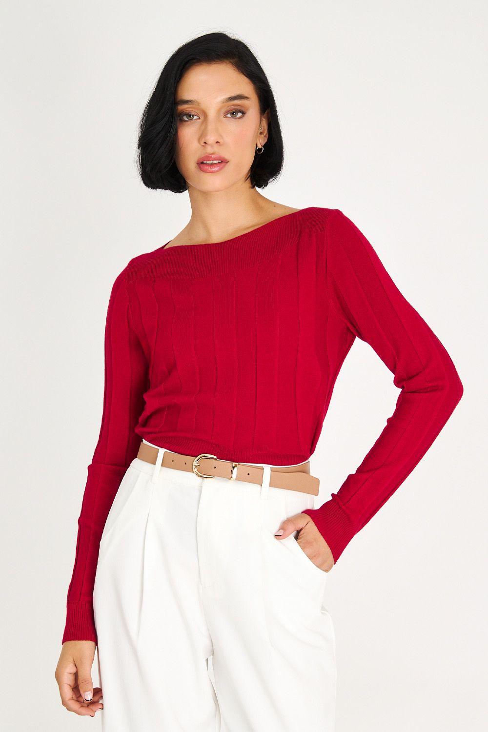 Sweater Acanalado Cuello Bote Rojo Nicopoly-0