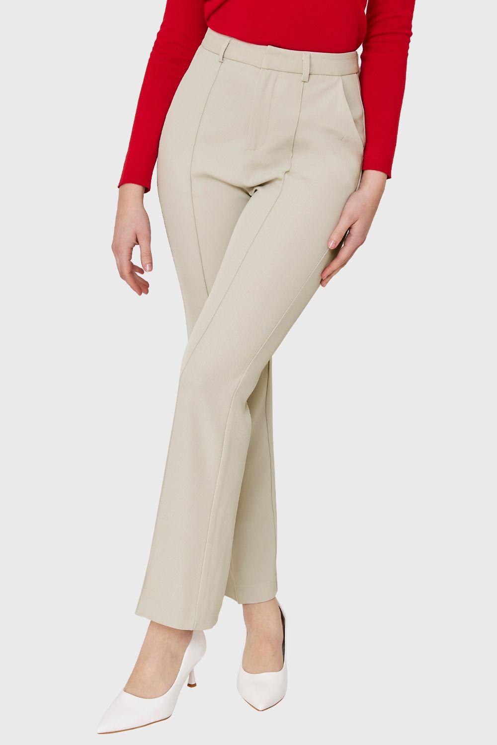 Pantalón Recto Costura Frontal Beige Nicopoly-4