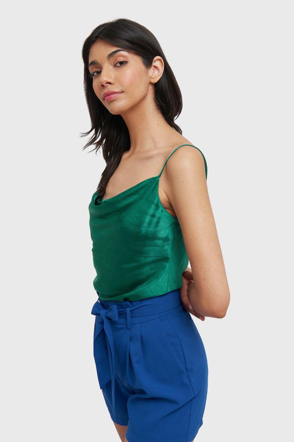 Top Tipo Satín Escote Drapeado Verde Nicopoly-2