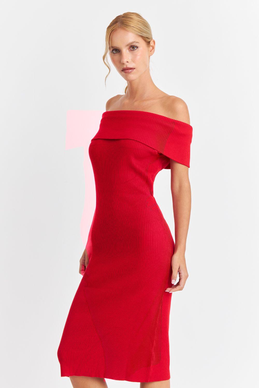 Vestido Acanalado Off The Shoulder Rojo Nicopoly-2