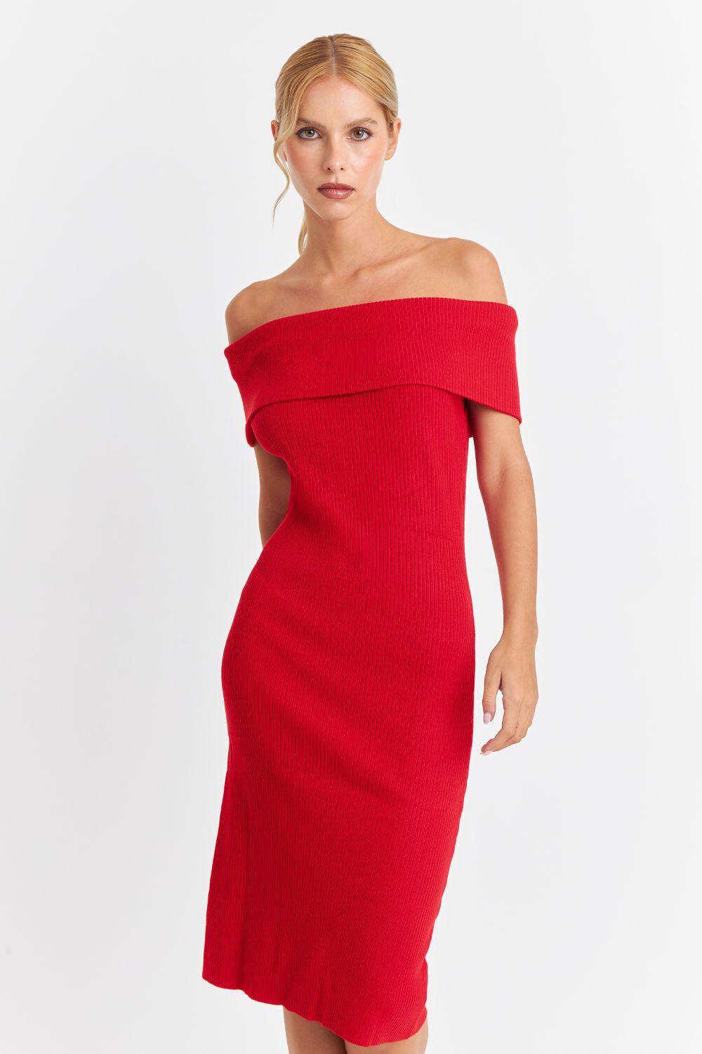 Vestido Acanalado Off The Shoulder Rojo Nicopoly-4