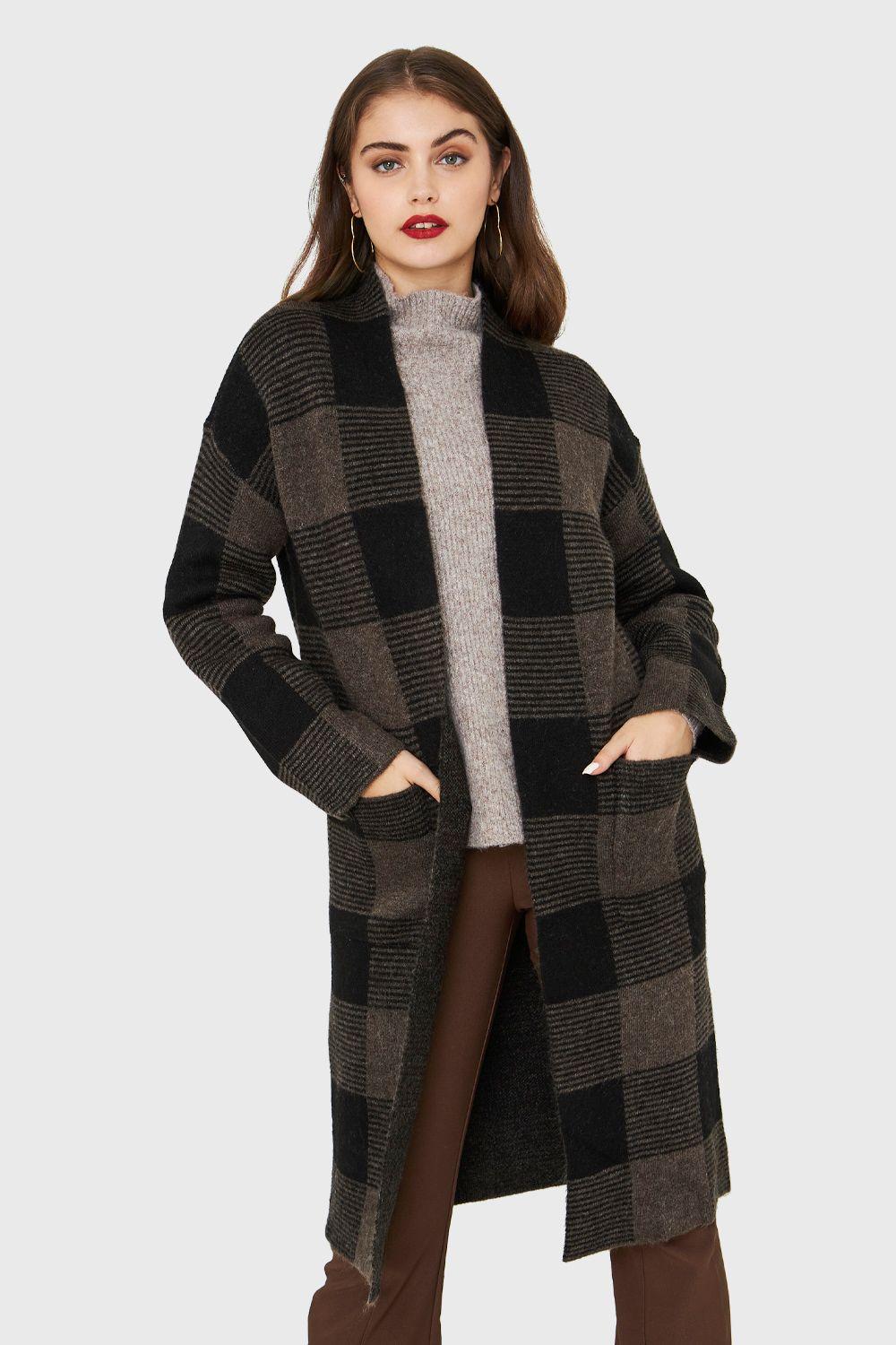 Cárdigan Largo Cuadros Taupe Nicopoly-0