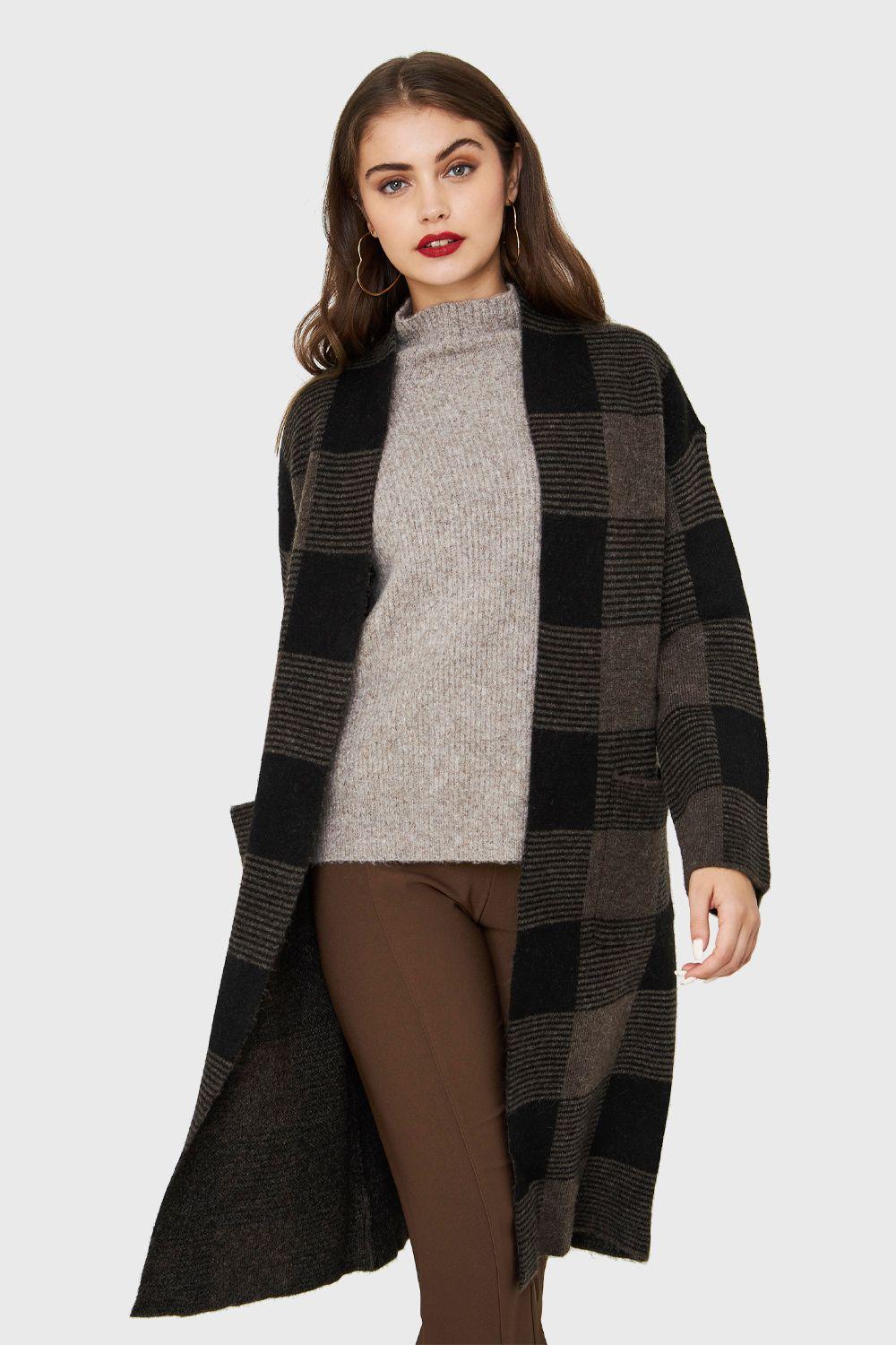 Cárdigan Largo Cuadros Taupe Nicopoly-4
