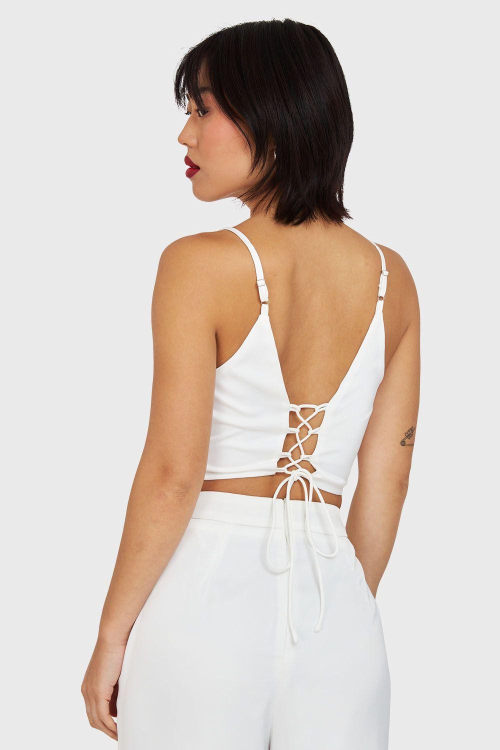 Crop Top Lace Up Blanco Nicopoly-3