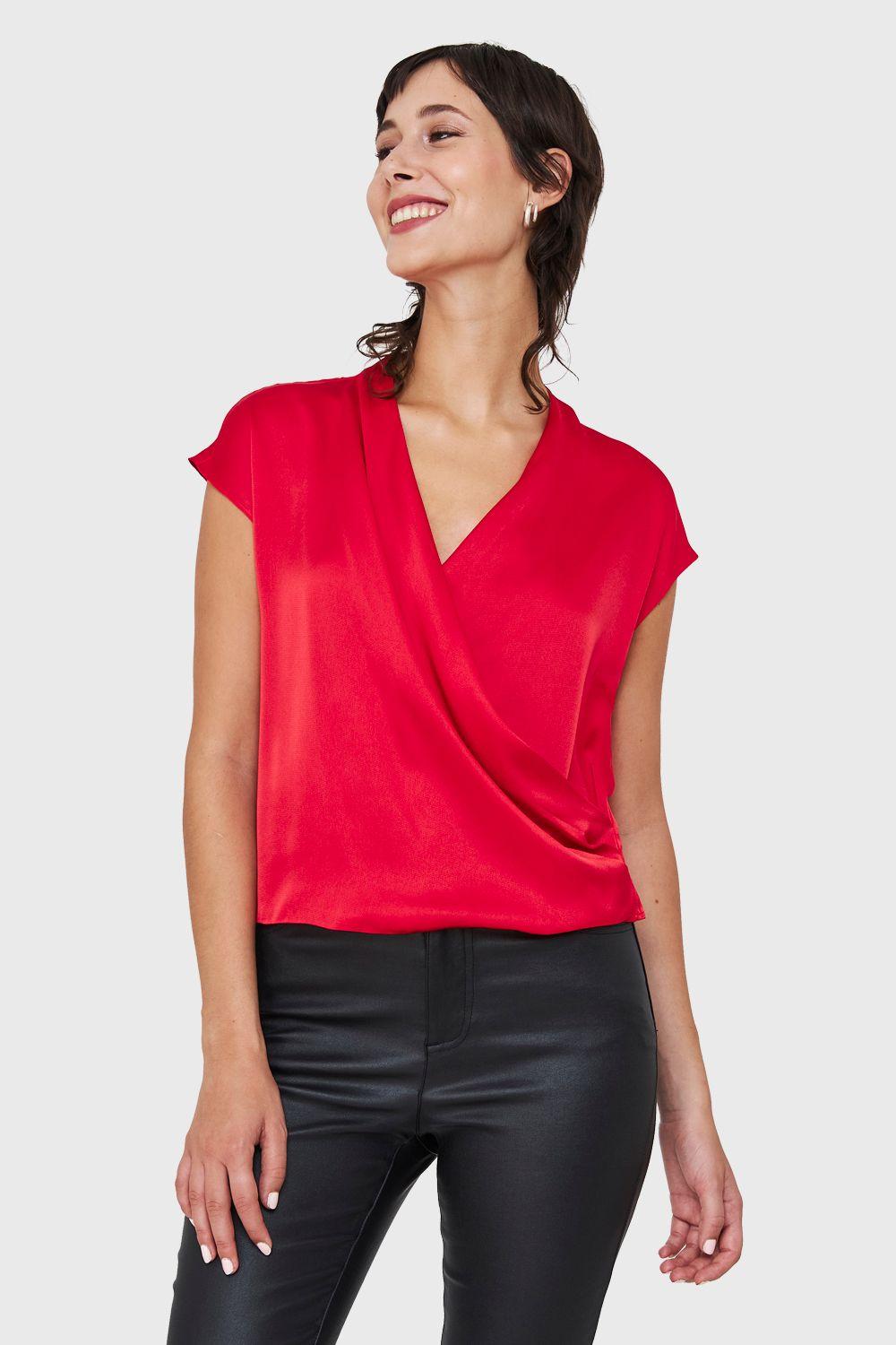 Blusa Efecto Cruzado Tipo Satín Rojo Nicopoly-0