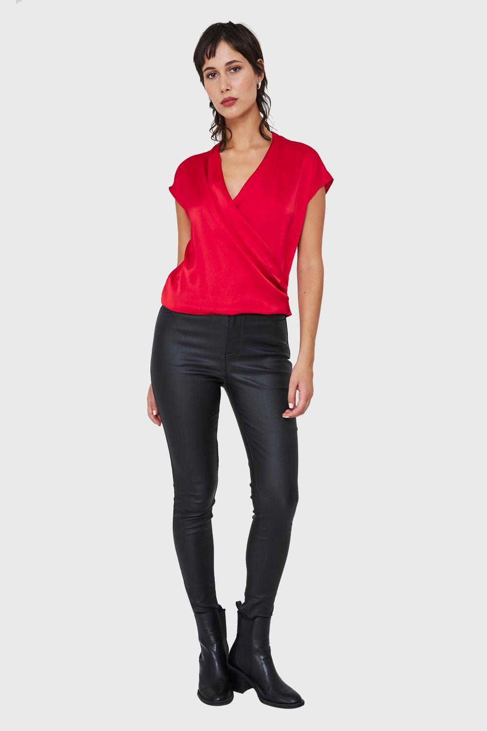 Blusa Efecto Cruzado Tipo Satín Rojo Nicopoly-1