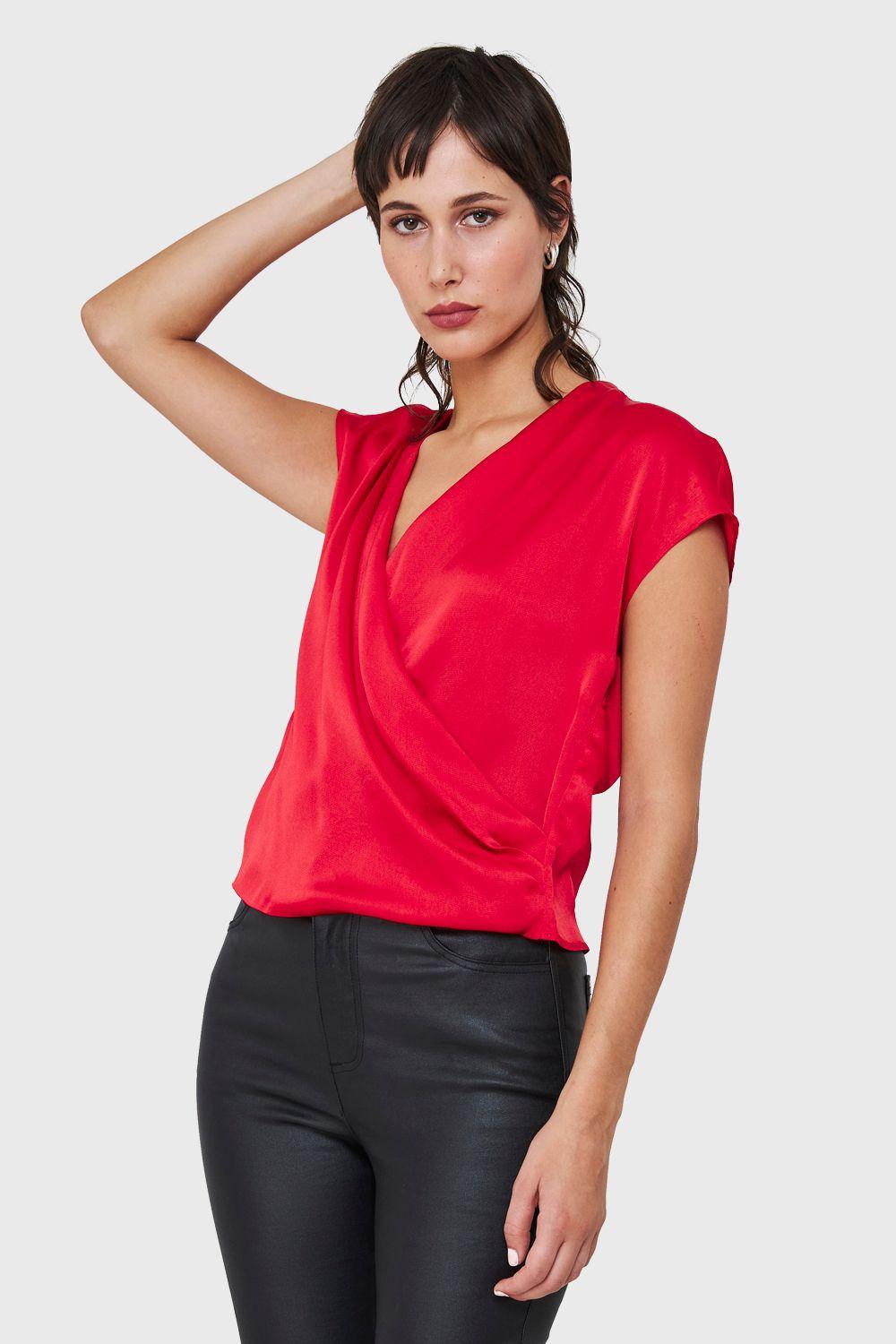 Blusa Efecto Cruzado Tipo Satín Rojo Nicopoly-2