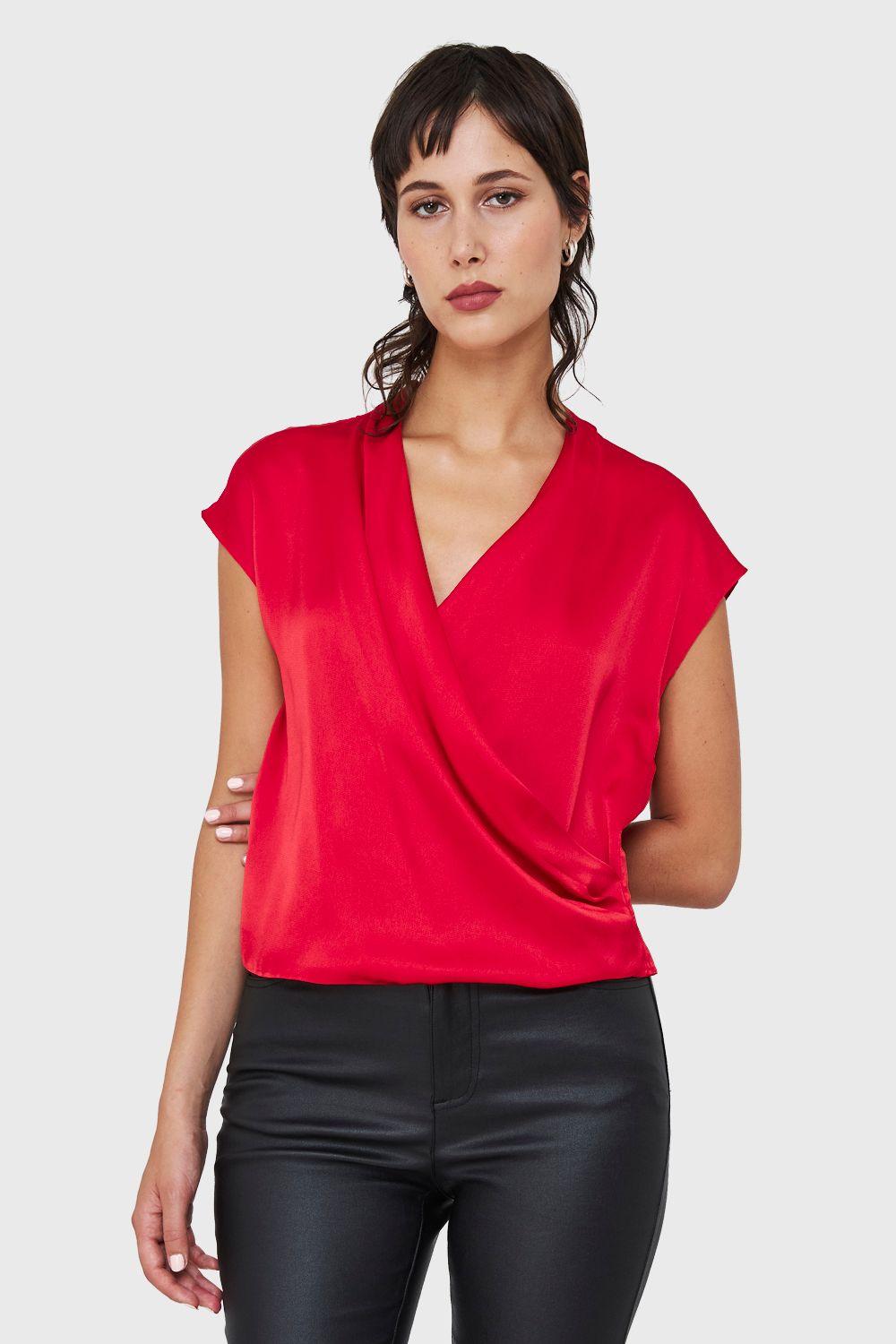Blusa Efecto Cruzado Tipo Satín Rojo Nicopoly-4