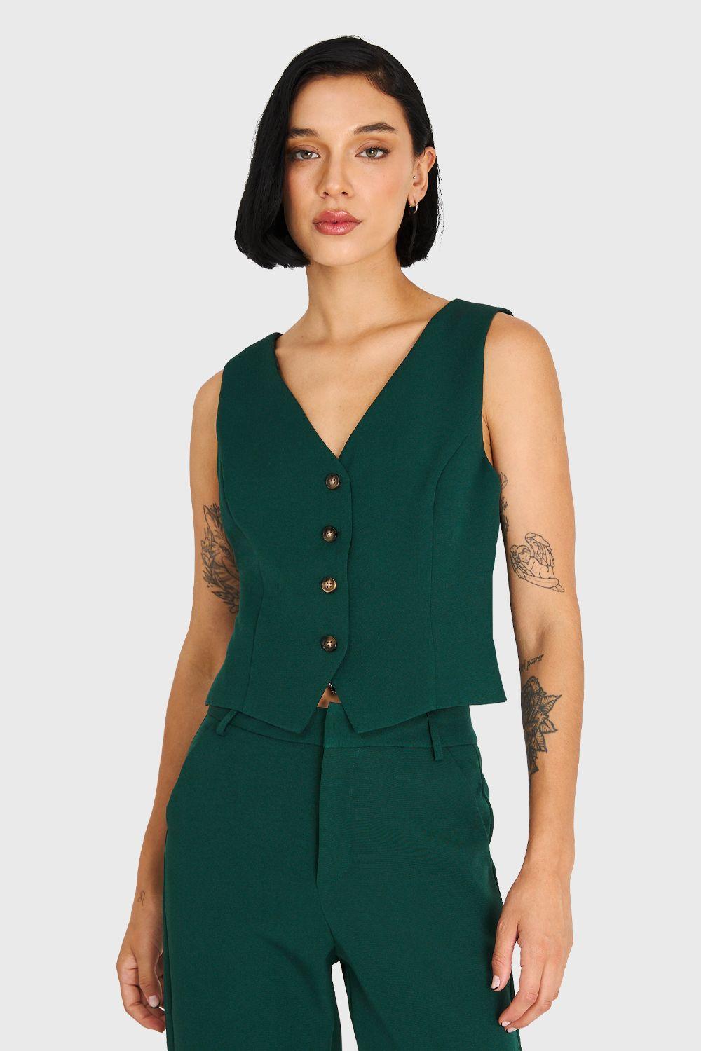 Gilet Básico 4 Botones Verde Oscuro Nicopoly-4