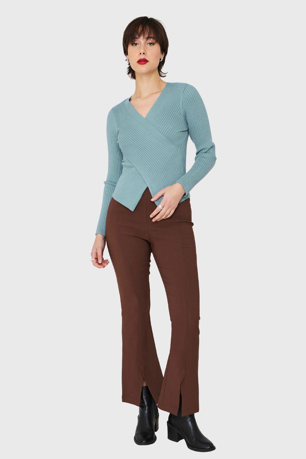 Polera Acanalada Escote Cruzado Celeste Nicopoly-1