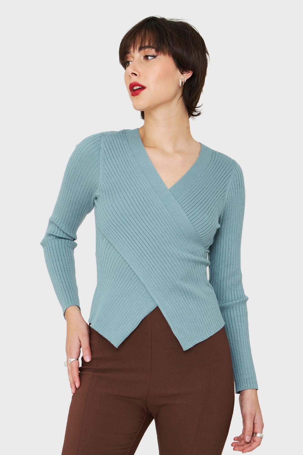 Polera Acanalada Escote Cruzado Celeste Nicopoly-0